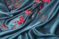 Green textured textile with red sakura branch, set design for holiday Royalty Free Stock Photo