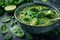 Green thai curry with broccoli, pak choi, snow peas, baby spinach, lime, broccoli and sauce on spoon