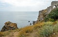 Green Thracian cliffs, Cape Kaliakra, Black sea water, bulgarian coastline