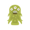 Green Three-eyed Aggressive Malignant Bacteria Monster With Sharp Teeth Cartoon Vector Illustration