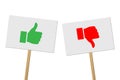 Green Thumbs Up and red Thumbs Down signs on banners on wood sticks. Vector protest signs with Thumb Up and red Thumb