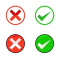 Green tick ok and red x cross checkmarks. Circle shape. Vector illustration.