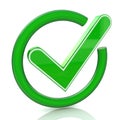 Green tick sign icon 3d. Glass check mark symbol