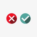 Green tick symbol and red cross in circle. Icons for assessment exam. Vector Royalty Free Stock Photo