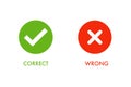 Green tick symbol and red cross sign in circle. Icons for evaluation quiz. Correct and wrong symbol