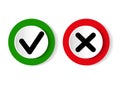 Green tick symbol and red cross sign in circle. Icons for evaluation quiz.Vector illustration. Royalty Free Stock Photo