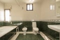 Green tiled bathroom with white porcelain toilets, white whirlpool tub, and white curtained window