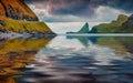 Green Tindholmur cliffs reflected in calm waters of Atlantic Ocean. Royalty Free Stock Photo