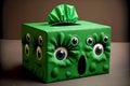 green tissue box with unusual halloween faces