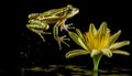 Green toad sitting on leaf, admiring reflection generated by AI Royalty Free Stock Photo