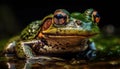 Green toad sitting by pond, staring ahead generated by AI