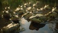 Green toad sitting on wet leaf, looking at underwater reflection generated by AI Royalty Free Stock Photo