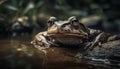 Green toad sitting in wet pond tranquility generated by AI