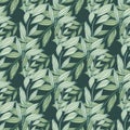 Green tones seamless doodle pattern with outline leaves ornament. Stylized botanic print