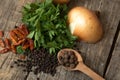 Green tops of parsley, onion, black pepper beans and dry chili Royalty Free Stock Photo