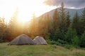 Green tourist tent in camp among meadow and forest in the mountains.Nature background Royalty Free Stock Photo