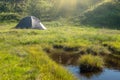 Green tourist tent in camp among meadow in the mountain.Nature background Royalty Free Stock Photo