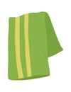 Green towel with yellow stripes folded neatly. Clean bathroom linen or spa accessory vector illustration