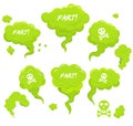 Green toxic fart. Green cartoon clouds of gas with comic style text Fart . Stinky clouds set. Flatulence symbol. Steam