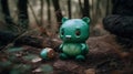 A green toy bear sitting next to a coin. AI generative image.