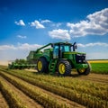 Green tractor, harvester in the field. Corn as a dish of thanksgiving for the harvest