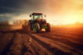 green tractor plowing cereal field. Generative Ai