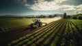 Green tractor plowing field on vineyards. Generative AI