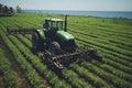 Green Tractor rides through a field in the village in summer, aerial view