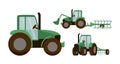 Green tractor set vector illustration. Agrimotor with bucket and plow. Isolated on white background Royalty Free Stock Photo