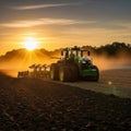 Green tractor working in field at sunset Royalty Free Stock Photo