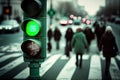 green traffic light, with blurred background of passing cars and pedestrians