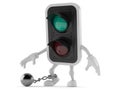 Green traffic light character with prison ball