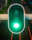 Green traffic light with empty highway on background, concept for going forward, positivity, success