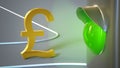 Green traffic light shines on a gilded British pound symbol. Close-up. Finance concept.