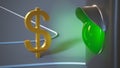 Green traffic light shines on a gilded dollar symbol. Close-up. Finance concept.