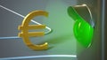 Green traffic light shines on a gilded euro symbol. Close-up. Finance concept.