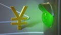 Green traffic light shines on a gilded yen symbol. Close-up. Finance concept.