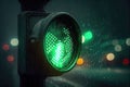 green traffic light shining in night sky, with cityscape and stars visible