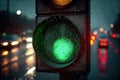 green traffic light shining in night sky, with cityscape and stars visible