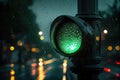 green traffic light shining in night sky, with cityscape and stars visible