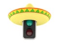 Green traffic light with sombrero