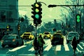 green traffic light, with view of crowded city street, bringing a sense of busyness and urgency Royalty Free Stock Photo