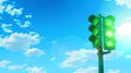 Green Traffic Lights Against Blue Sky, All Signals Go, Conceptual Image for Progress and Permission. Positive Signal in Royalty Free Stock Photo