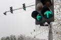 Green traffic lights for forward and left turns, with icicles haging from them, during Winter season, after days of cold rain Royalty Free Stock Photo