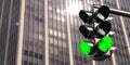 Green traffic lights on office building background, copy space. 3d illustration Royalty Free Stock Photo