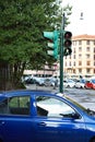 Green traffic lights for pedestrians on crossroads Royalty Free Stock Photo