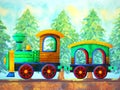 Green train retro cartoon watercolor painting travel in christmas pine tree forest illustration design hand drawing Royalty Free Stock Photo