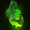 Green translucent toxic acid glowing techno cyber heart, isolated on dark background rendering Royalty Free Stock Photo