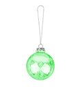 Green transparent glass ball hanging on thread white background isolated close up, ÃÂ¡hristmas tree decoration, shiny bauble Royalty Free Stock Photo