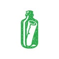 Green transparent glass bottle with rolled paper letter message inside hand drawn grunge texture Royalty Free Stock Photo